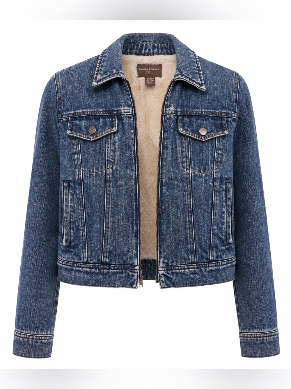 Banana Republic Faux Fur Sherpa Lined Denim Jacket Medium Wash Zip Up Crop S